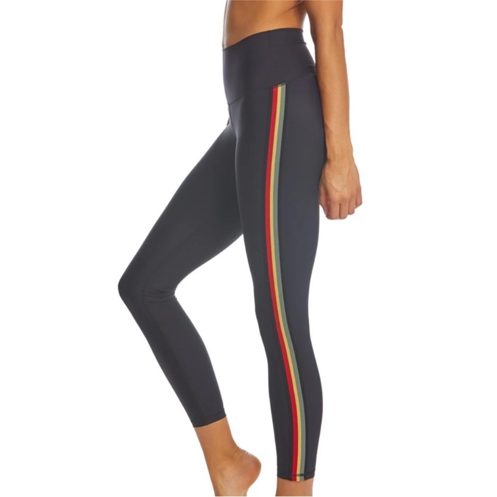 Spiritual Gangster Black Leggings with Red, Yellow & Green Stripe, Size XS